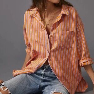 Anthropologie Pilcro Oxford Tunic Orange Striped Button Down Shirt